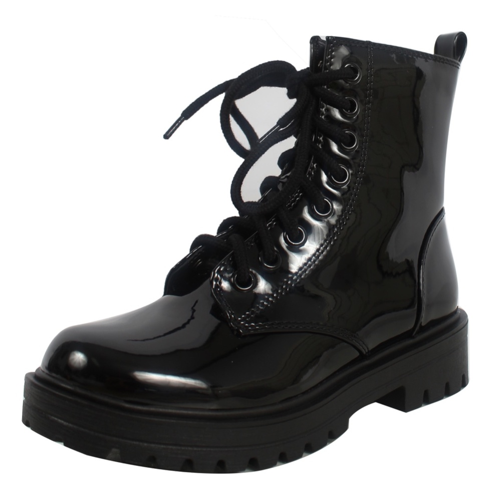 Black Faux Patent Leather Combat Lace Up Ankle Boo